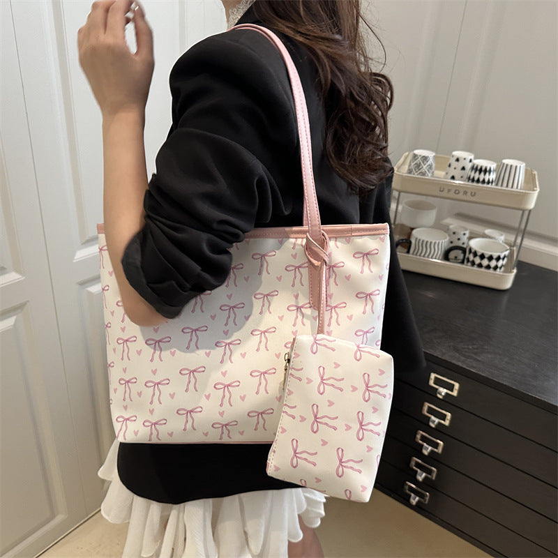 Mori Cute Sweet Fashion Printed Bow Large Capacity Western Tote Bags