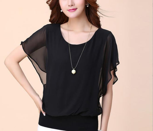 Women's Chiffon Shirt Short-sleeved Large Slimming Bat Blouses