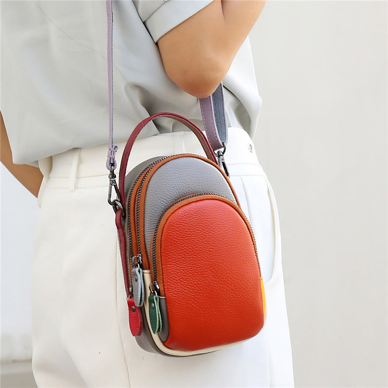 Women's Genuine Leather Cell Fashion Color Contrast First Shoulder Bags