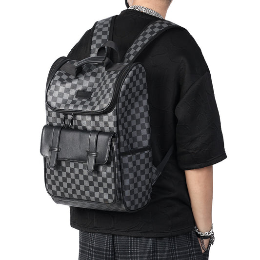 Men's Chessboard Grid High Quality Leather Large Backpacks