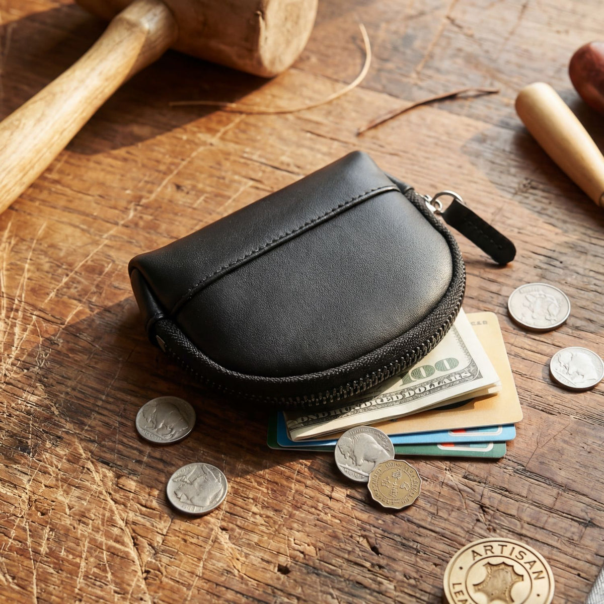 Women's & Men's Retro Vegetable Tanned Leather Cowhide Large Capacity Zipper Coin Purses