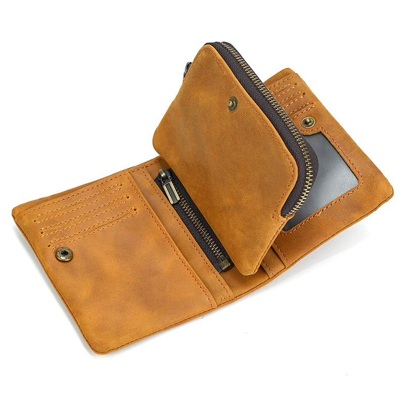 Leather Short With Zipper Pocket Snap Button Crazy Horse Two Men's Wallet