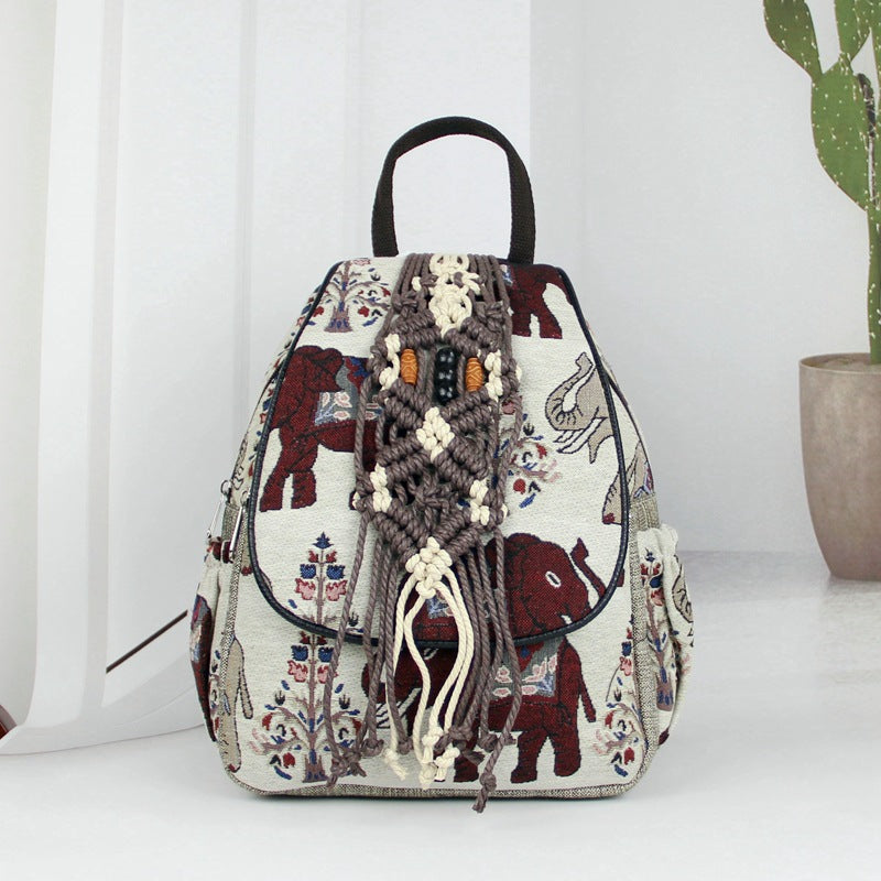Layer Zipper Elephant Cotton Linen Retro Backpacks