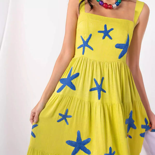 Women's Embroidered Pleated Puffy Sling Dress Beach Dresses