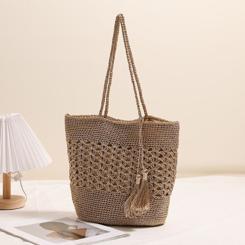 Women's Capacity Hollow Straw Tassel Woven Vacation Shoulder Bags