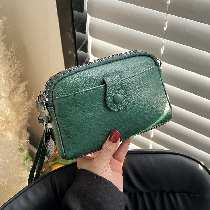 Women's Top Layer Cattlehide Leather Fashion Double Zipper Clutch Leisure Women's Shoulder Bag