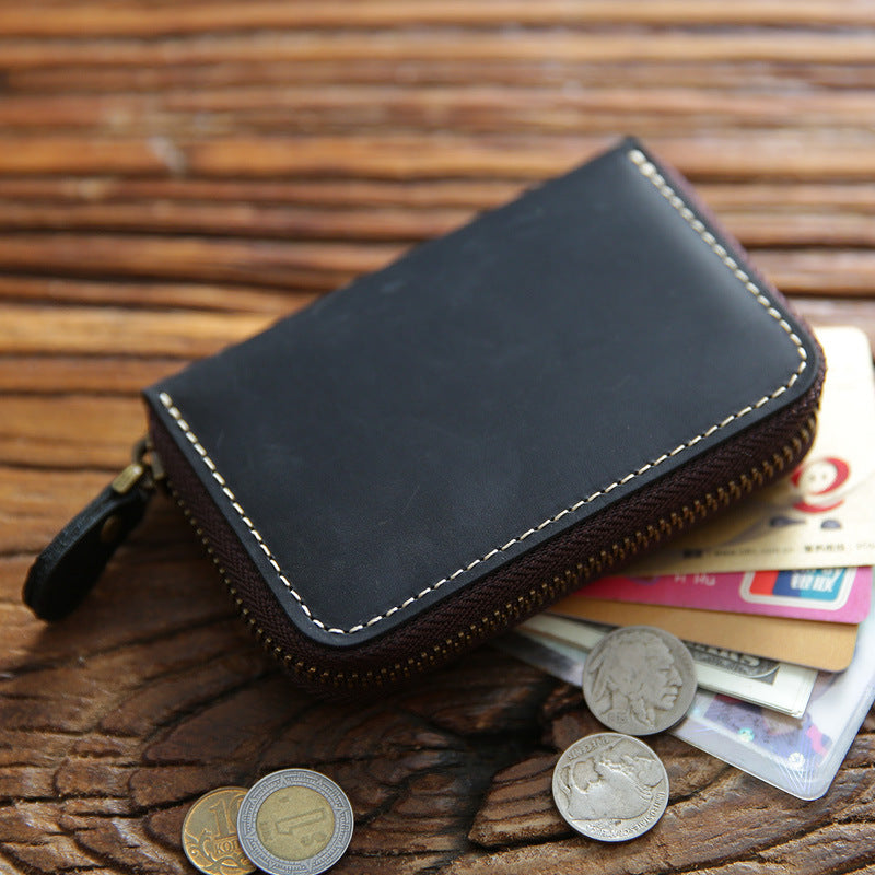 Men's Horse Leather Zipper Genuine Large Capacity Expanding Multiple Card Holder