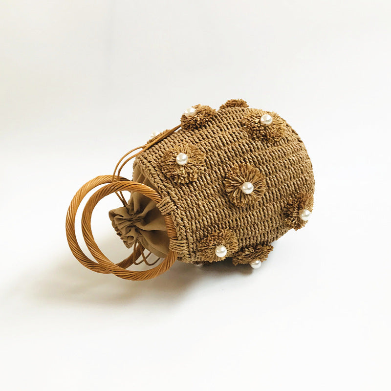 Women's Flower Artificial Pearl Decoration Portable Basket Handbags