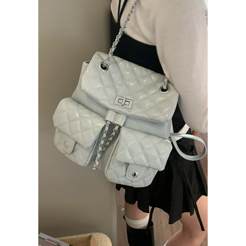 Women's Korean Version Of Style Chain Diamond Plaid Backpacks