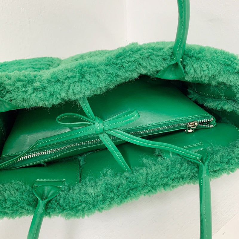 Women's Large Capacity Versatile Lamb Wool Portable Shoulder Bags