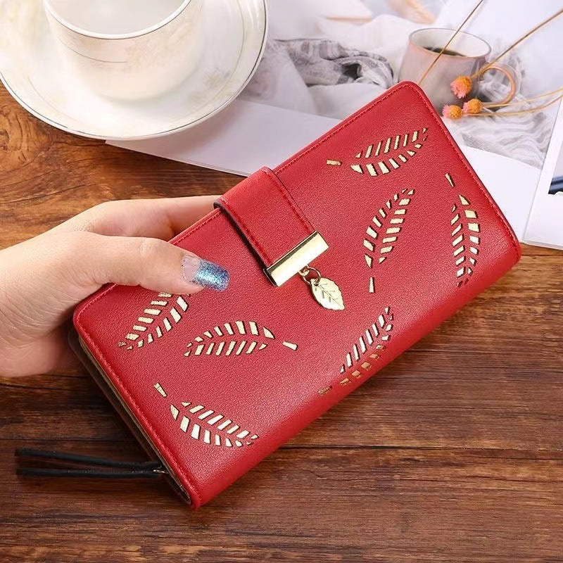 Women's Korean Long Fashion Clutch Hollow Leaves Zipper Bags