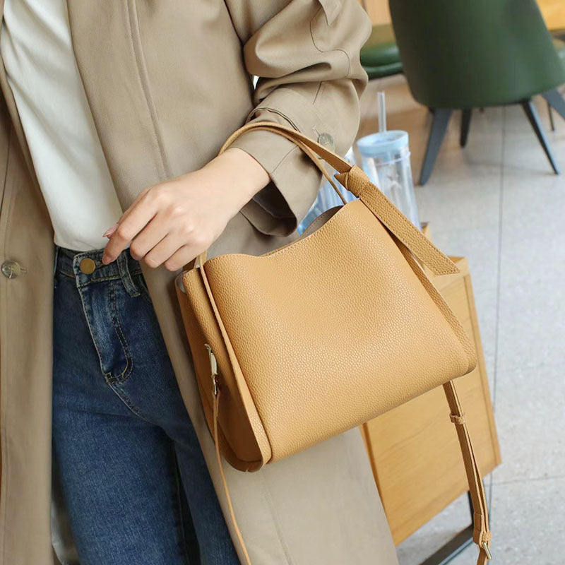 Leather Fashion Cattlehide Clutch Versatile High Sense Large Bucket Bags
