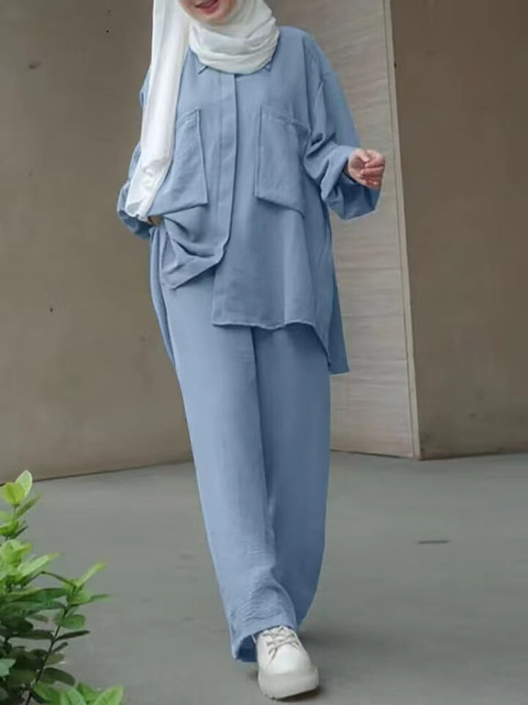 Muslim Long Sleeve Patch Pocket Hidden Placket Clothing