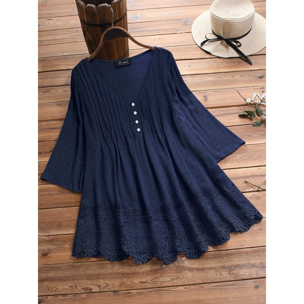 Women's Summer Jacquard Pleated Lace Hollow Out Blouses