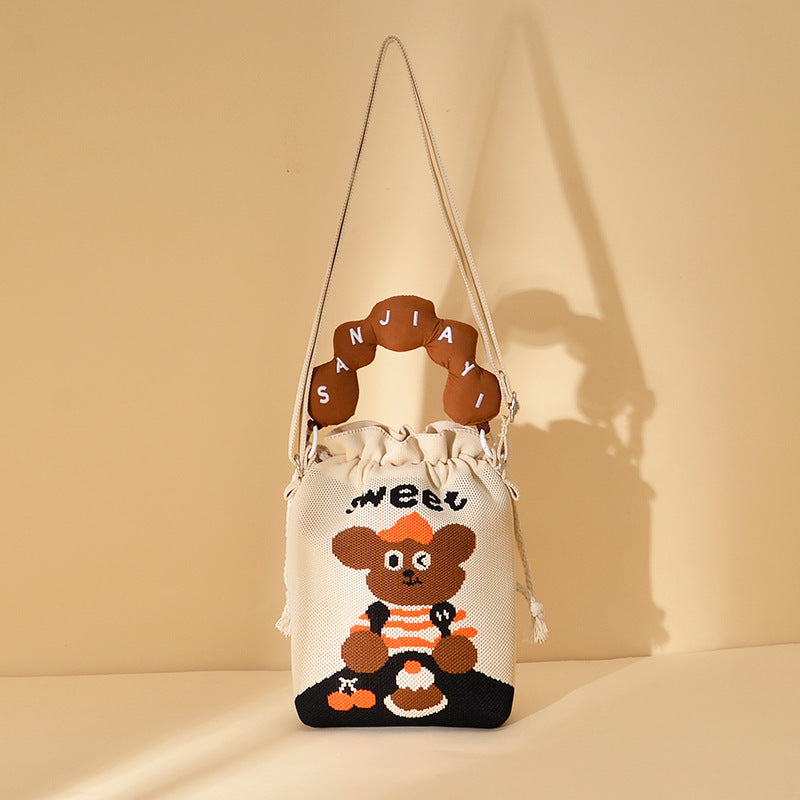 Woven Jacquard Female Drawstring Pocket Cartoon Knitted Wool Flying Phone Bags