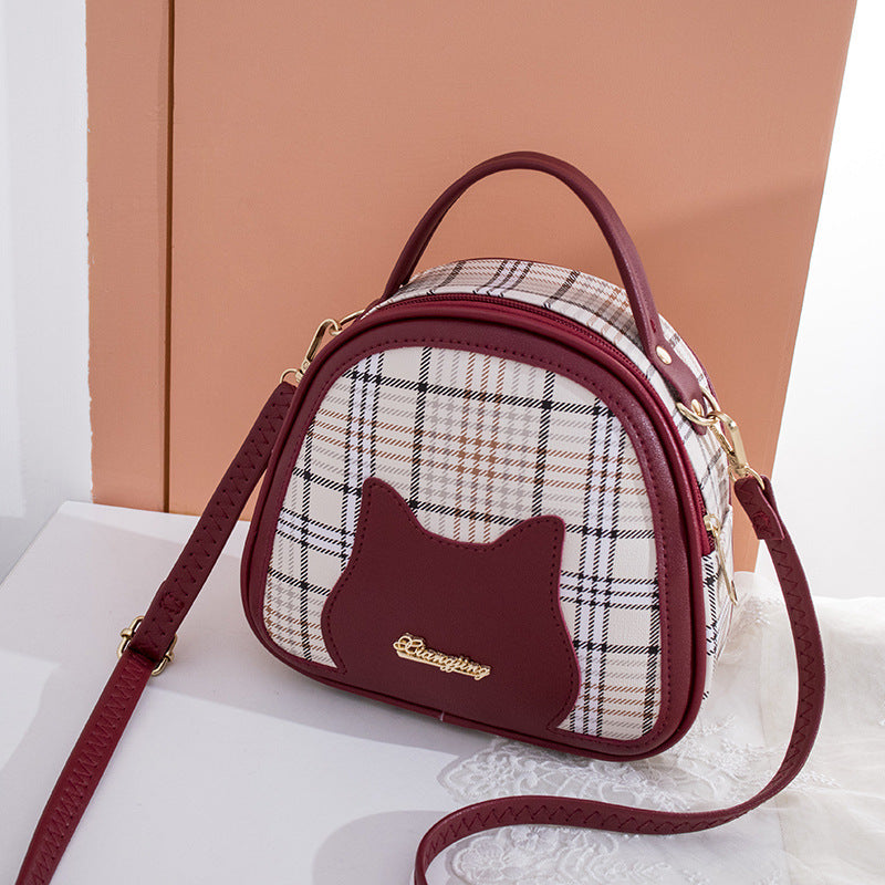 Women's Plaid Contrast Color Cat Face Letter Label Portable Shoulder Bags