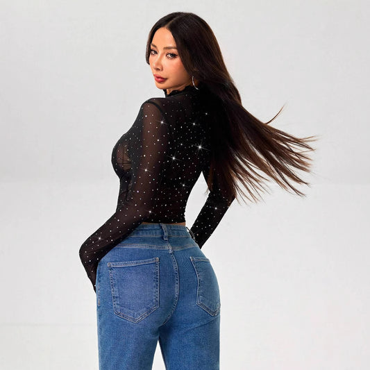 Women's Stand-up Collar Long-sleeved Mesh Transparent Sequined Blouses