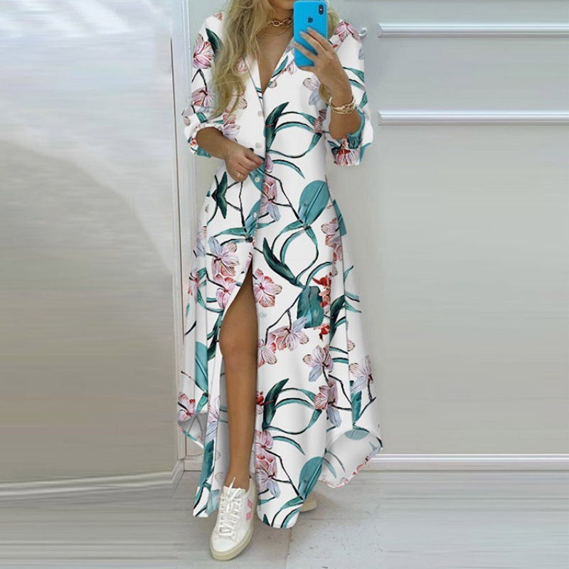 Women's Spring Temperament Printed Single-breasted Split Shirt Dresses