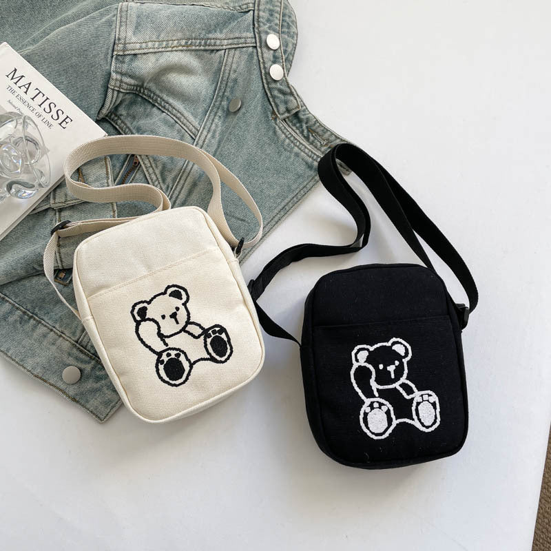 Women's Cute Bear Embroidery Canvas Versatile Women's Shoulder Bag