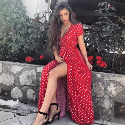 Women's Summer Short-sleeved Low-cut Printed Polka Dot Dresses