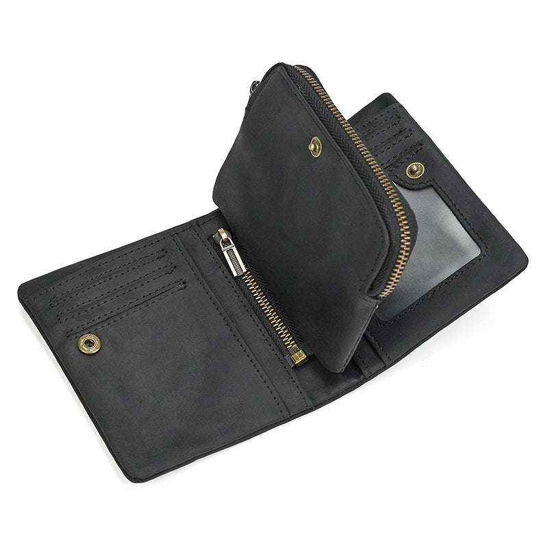 Leather Short With Zipper Pocket Snap Button Crazy Horse Two Men's Wallet