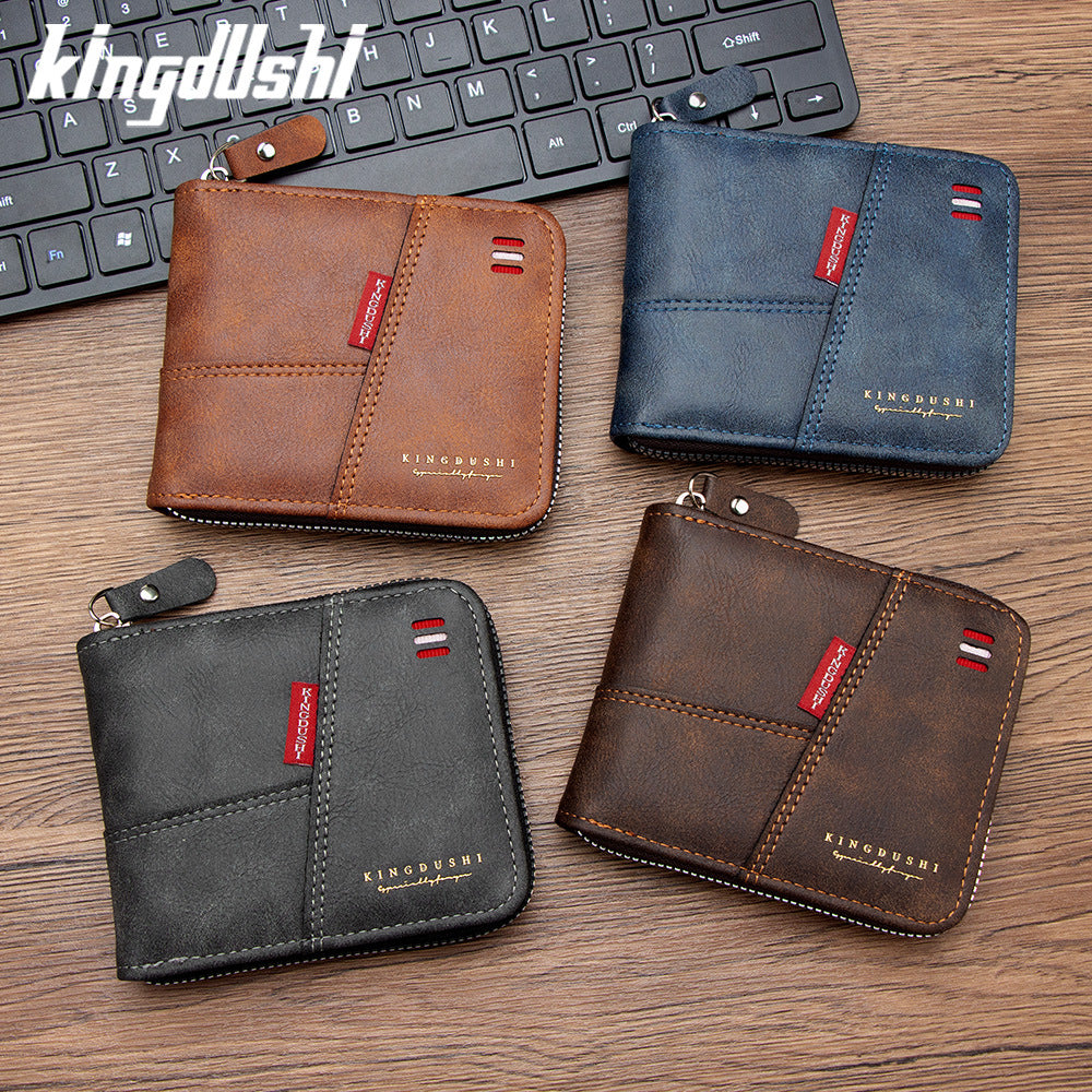 Men's Oil Wax Leather Stitching Short Multiple Slots Scarf Hinge Men's Wallet