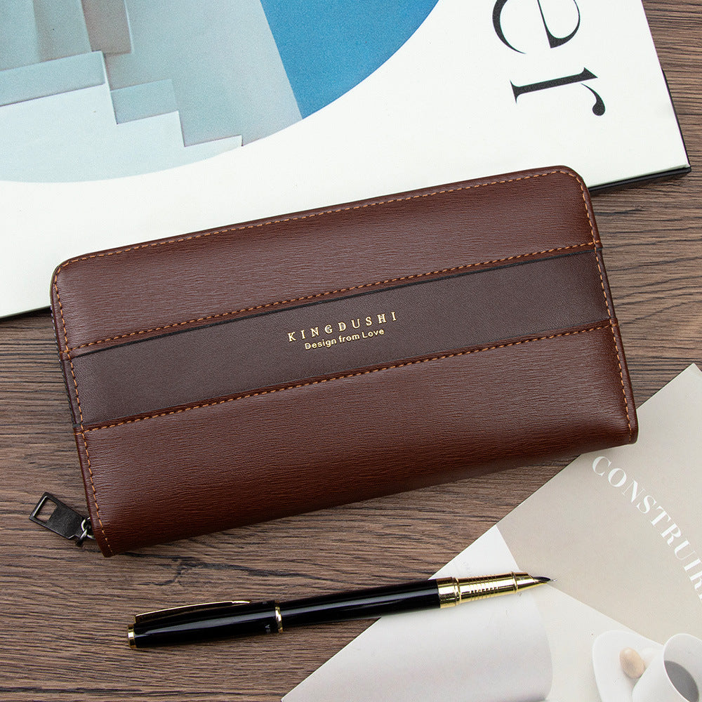 Men's Brushed Leather Pattern Long Clutch Large Capacity Change Wrist Strap Men's Wallet