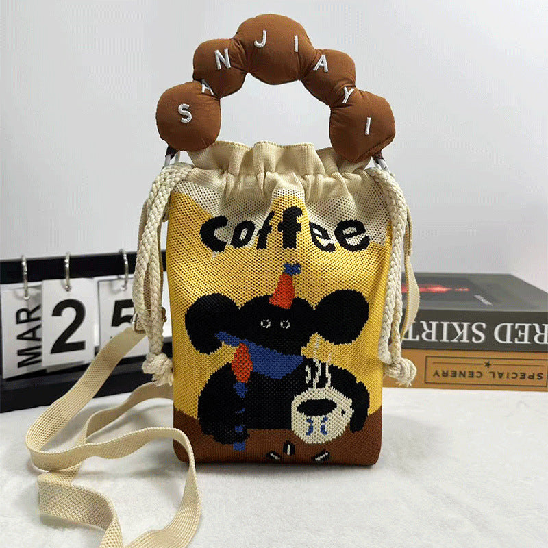 Woven Jacquard Female Drawstring Pocket Cartoon Knitted Wool Flying Phone Bags