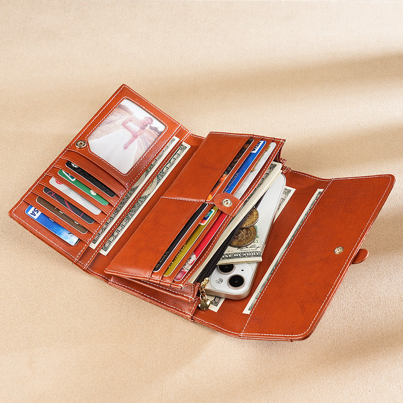 Women's Oil Wax Leather Long Multiple Slots Cowhide Ladies Wallet