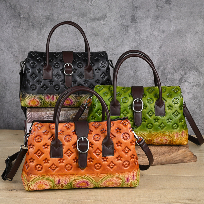 Women's Embossed Hand-rub Color Chinese Style Retro Leather Women's Shoulder Bag