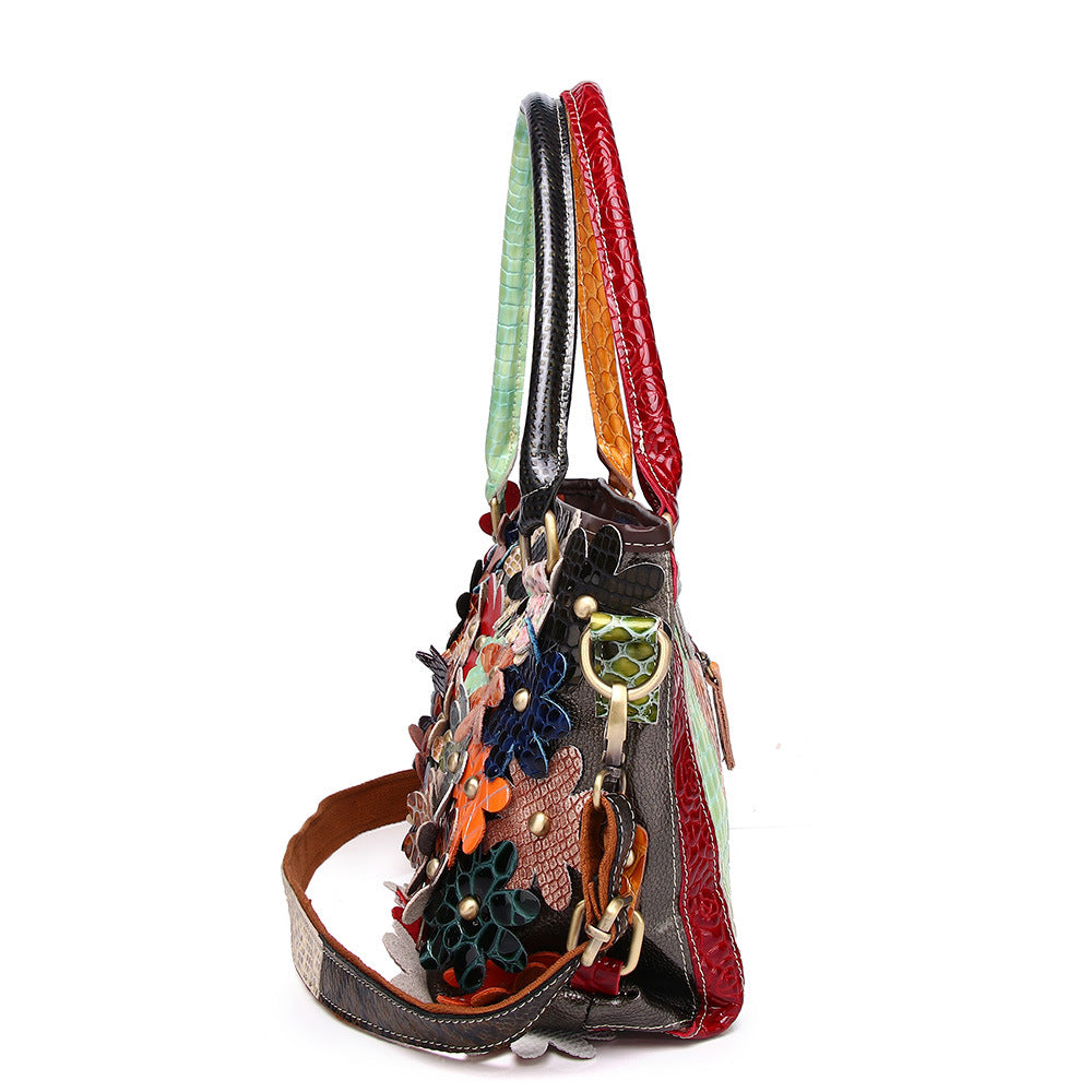 Women's Genuine Leather Trendy Snake Pattern Flower Contrasting Color Fashion Handbags