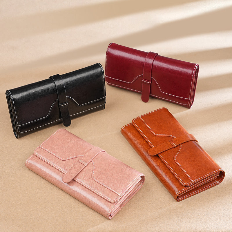 Women's Oil Wax Leather Long Multiple Slots Cowhide Ladies Wallet