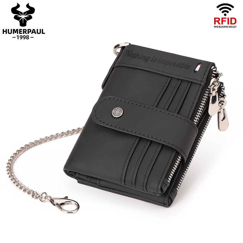 Men's Double Zipper Leather Multiple Slots Crazy Men's Wallets