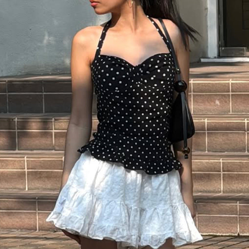 Vacation Style Contrast Color Polka Dot Wooden Ear Female Tops
