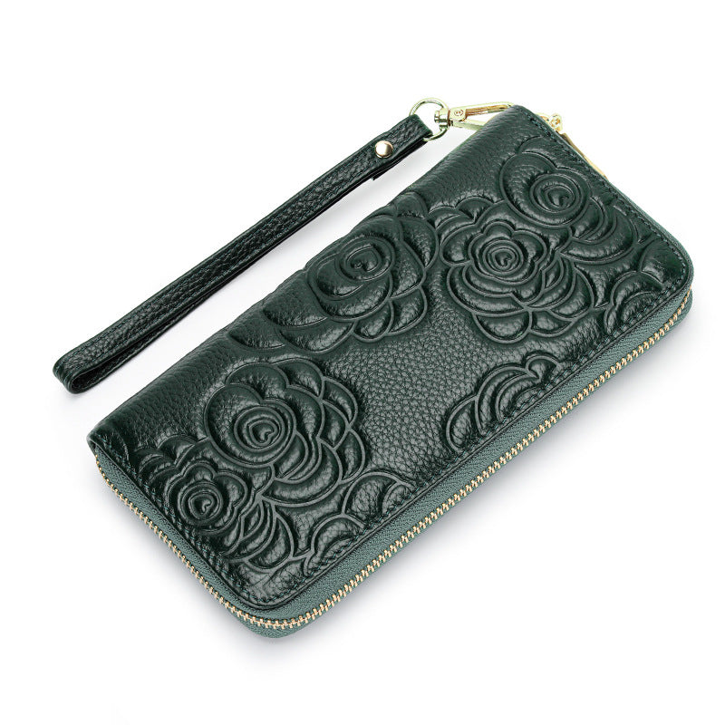 Women's Real Leather Long Single Zipper Fashion Camellia First Layer Bags