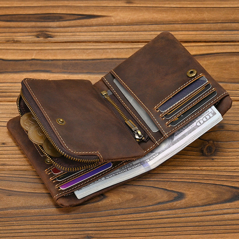 Leather Short With Zipper Pocket Snap Button Crazy Horse Two Men's Wallet