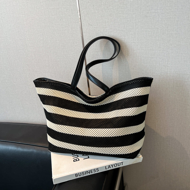Women's Simple Striped Large Capacity Fashion Hollow Black White Women's Shoulder Bag