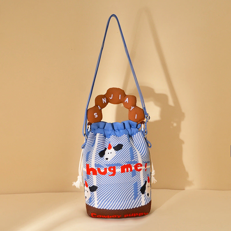 Woven Jacquard Female Drawstring Pocket Cartoon Knitted Wool Flying Phone Bags