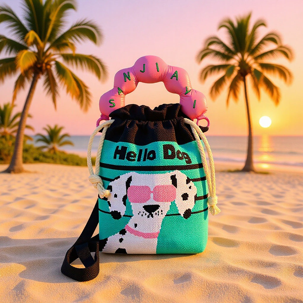 Woven Jacquard Female Drawstring Pocket Cartoon Knitted Wool Flying Phone Bags
