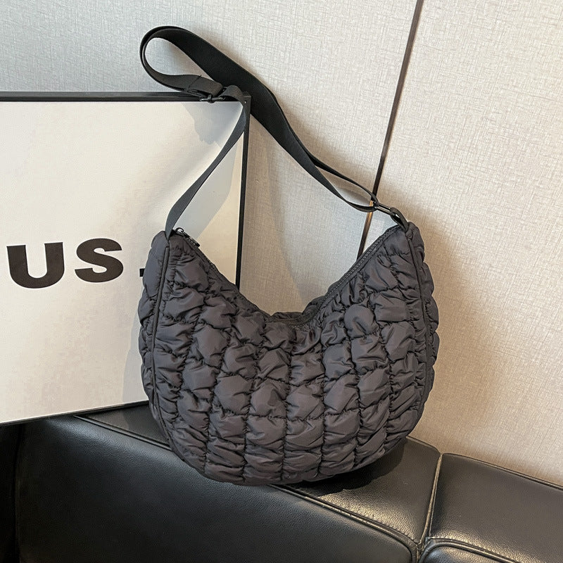 Women's Style Plaid Pleated Cloud Large Capacity Dumpling Soft Down Cotton Women's Shoulder Bag