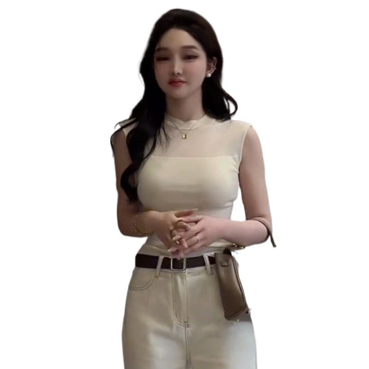Women's Style Mesh Patchwork Round Neck Sleeveless Summer Knitwear