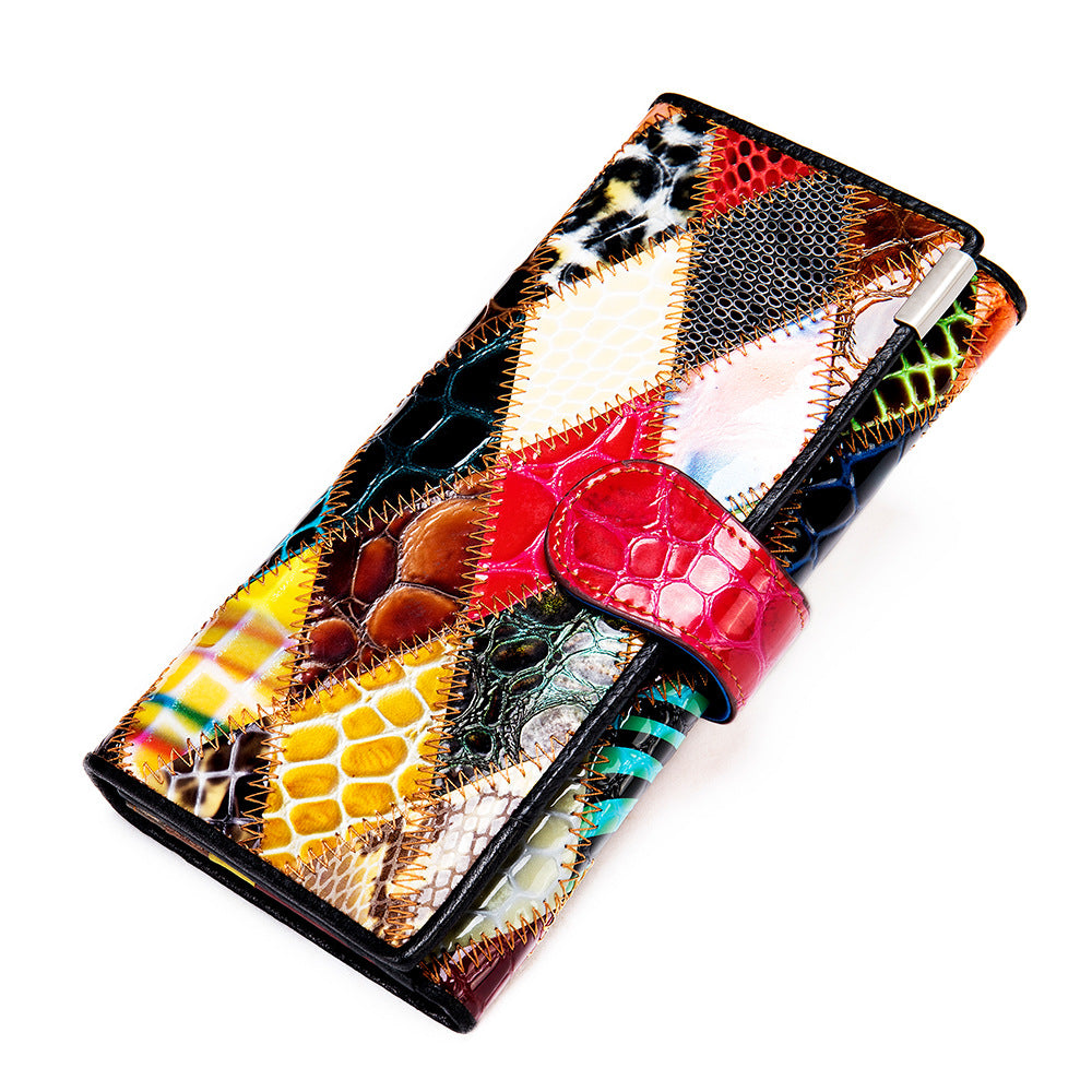 Women's First Layer Cowhide Colored Mosaic Rhombus Ladies Wallets