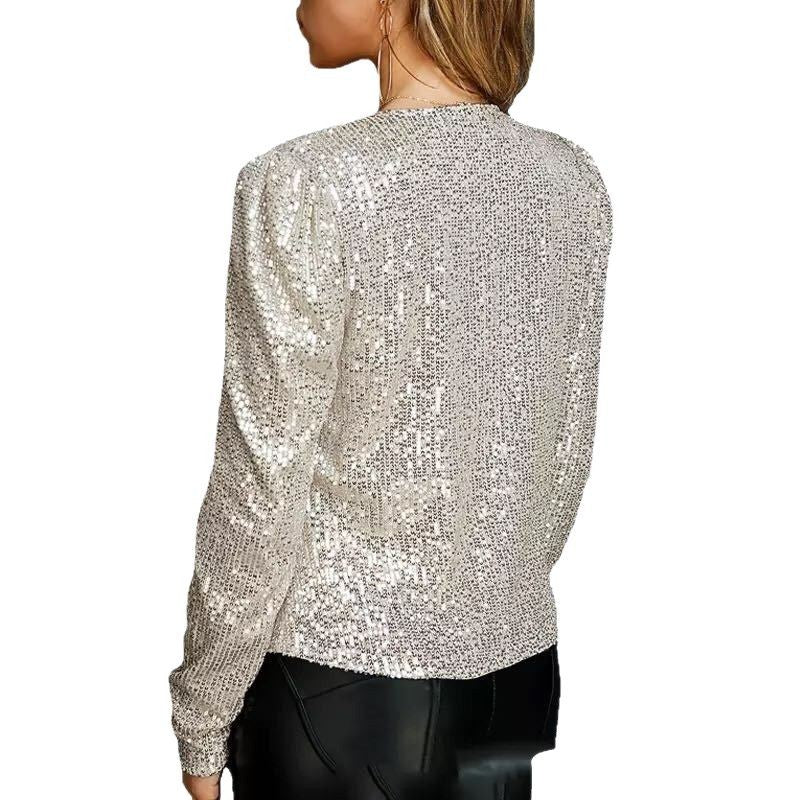 Women's Spring Fashion Round Neck Pure Color Sequins Casual Knitwear