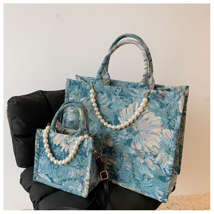Garden Oil Painting Female Fashion Large Capacity Pearl Shoulder Bags