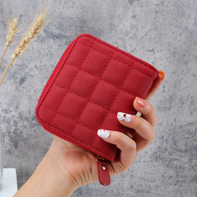 Women's Short Korean Multiple Slots Zipper Hasp Plaid Coin Purses