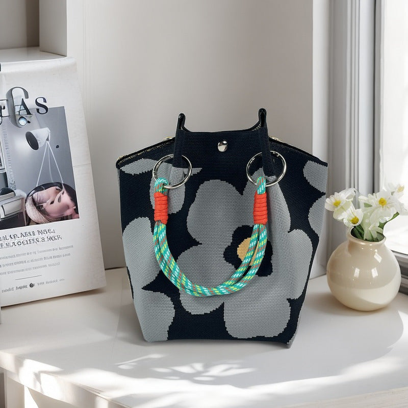 Design Black White Rhombus Knitted Versatile Large Women's Handbag
