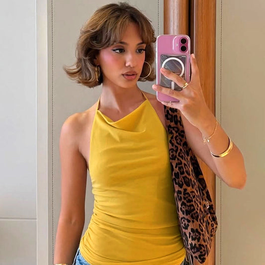 Women's Solid Color Sexy Backless Mesh Halter Blouses