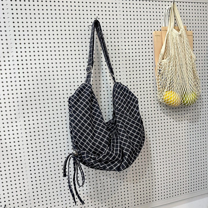 Women's Blue Plaid Drawstring Canvas Commute Large Bags