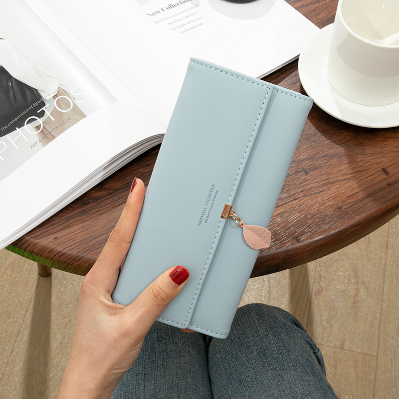 Long Korean Style Leaf Pendant Trifold Ladies Wallet