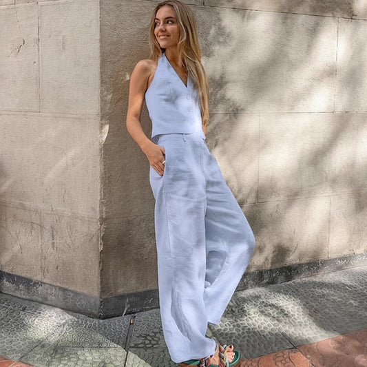 Women's Blue Cotton Linen Sleeveless Waistcoat Trousers Suits